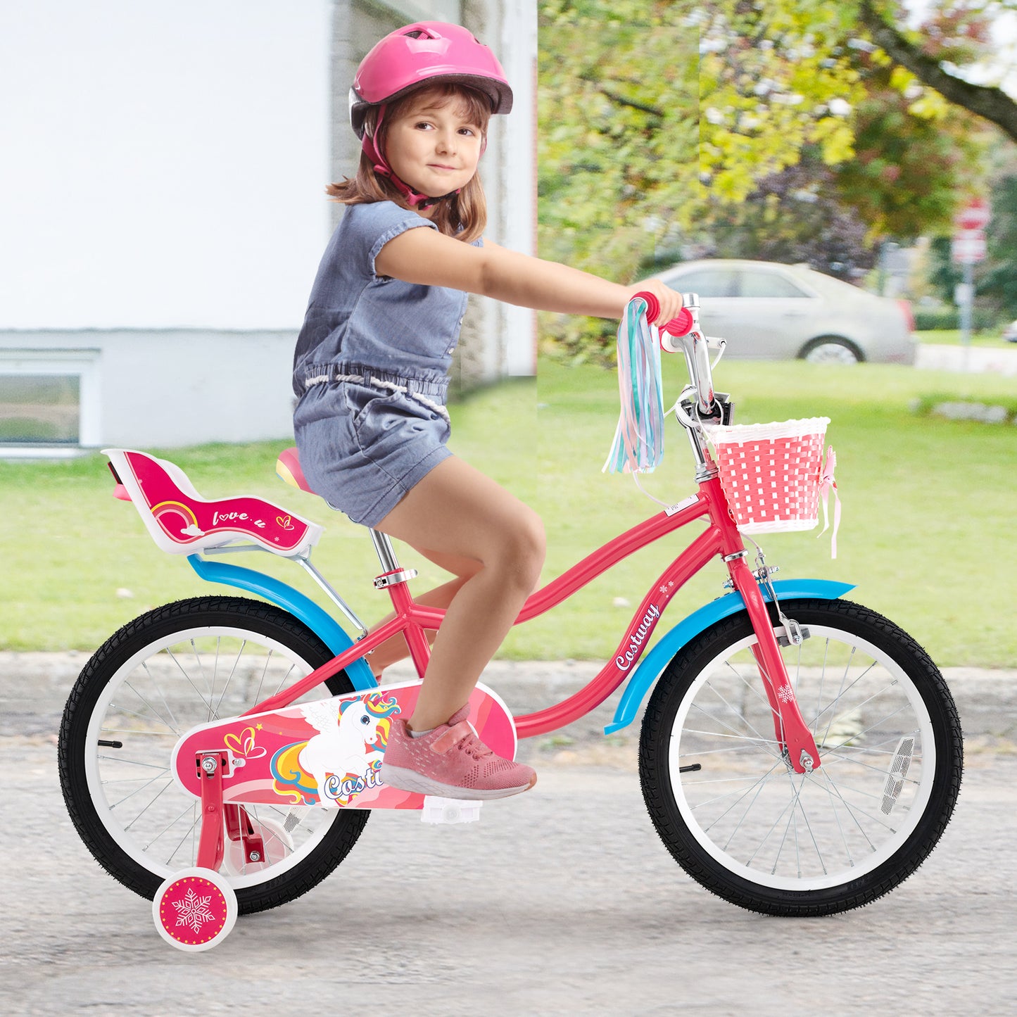 18 Inch Girls Bike, With Doll Seat And Training Wheels, Pink