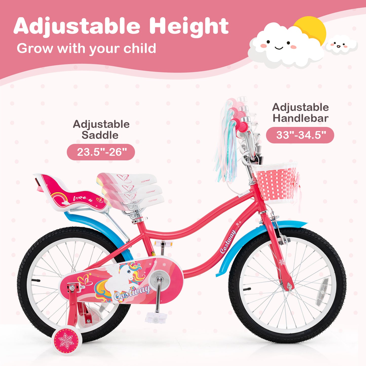 18 Inch Girls Bike, With Doll Seat And Training Wheels, Pink