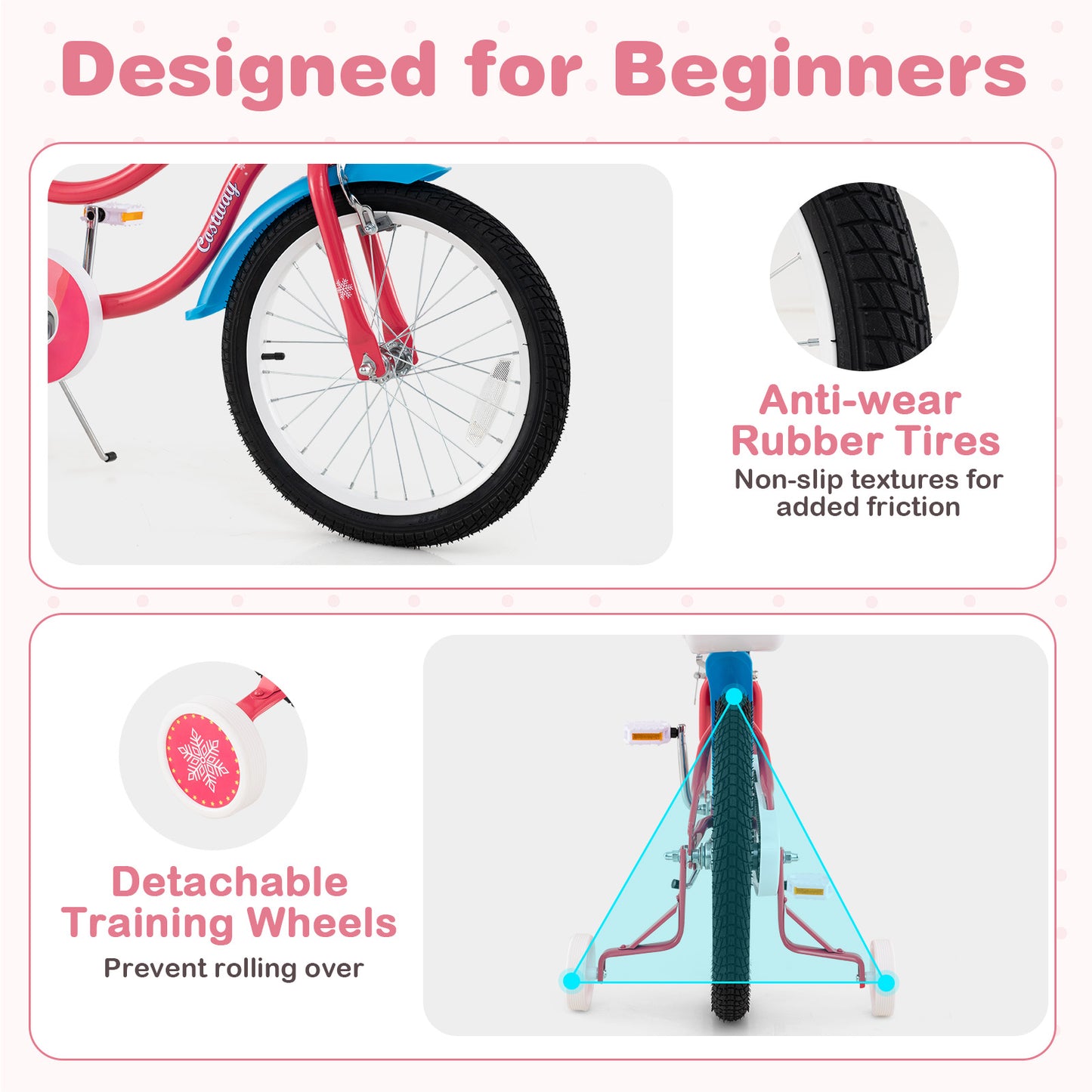 18 Inch Girls Bike, With Doll Seat And Training Wheels, Pink