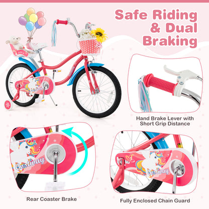 18 Inch Girls Bike, With Doll Seat And Training Wheels, Pink
