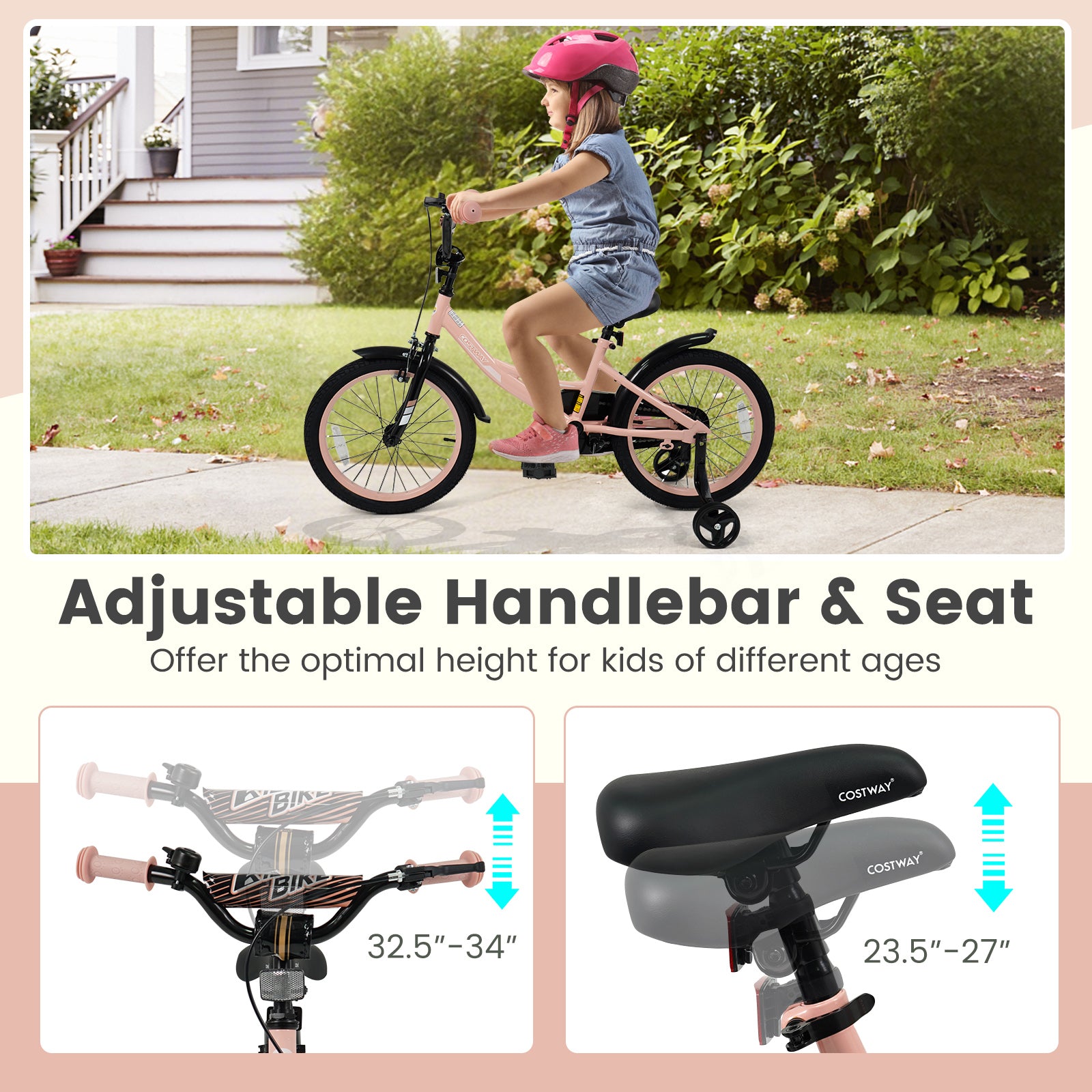 18 Inch Kids Bike Adjustable with Removable Training Wheels Pink for 3-8 Years Old, Pink Kids Bike at Gallery Canada