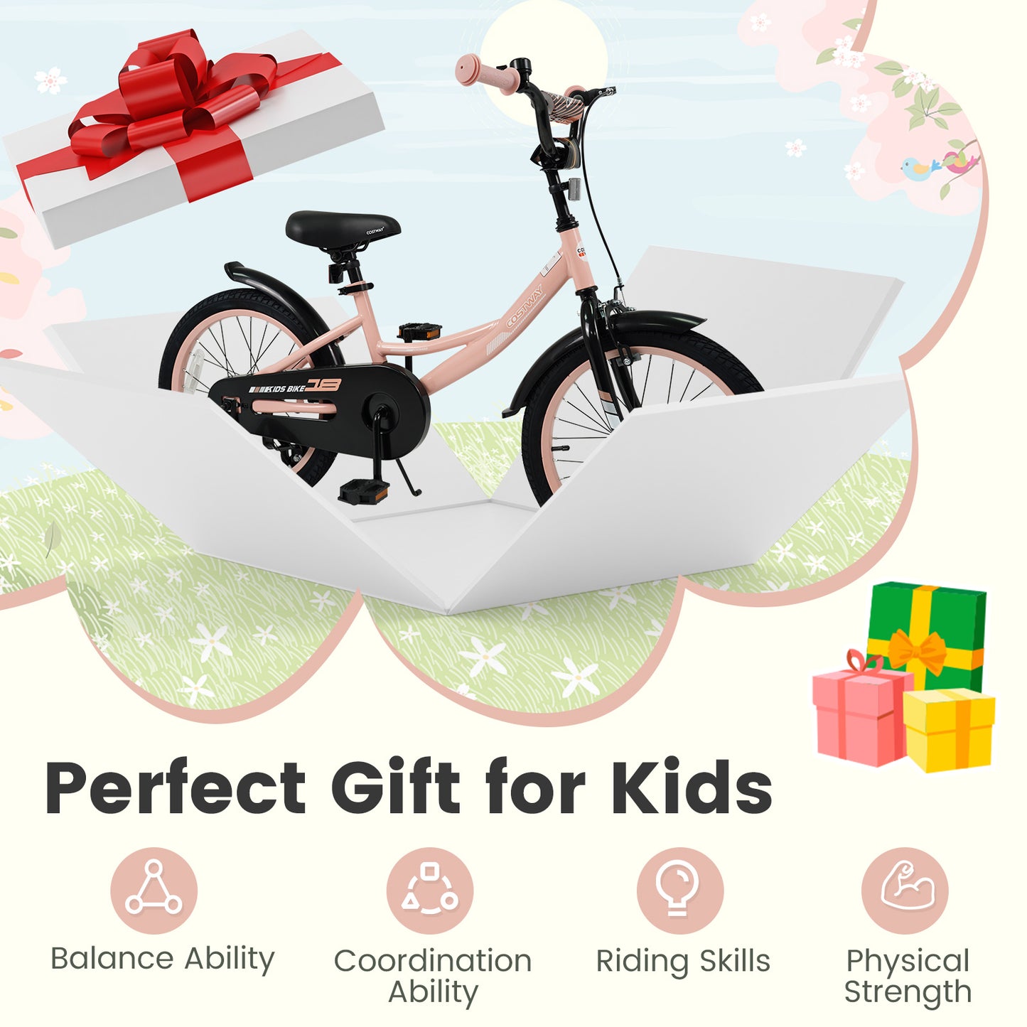18 Inch Kids Bike Adjustable with Removable Training Wheels Pink for 3-8 Years Old, Pink Kids Bike at Gallery Canada