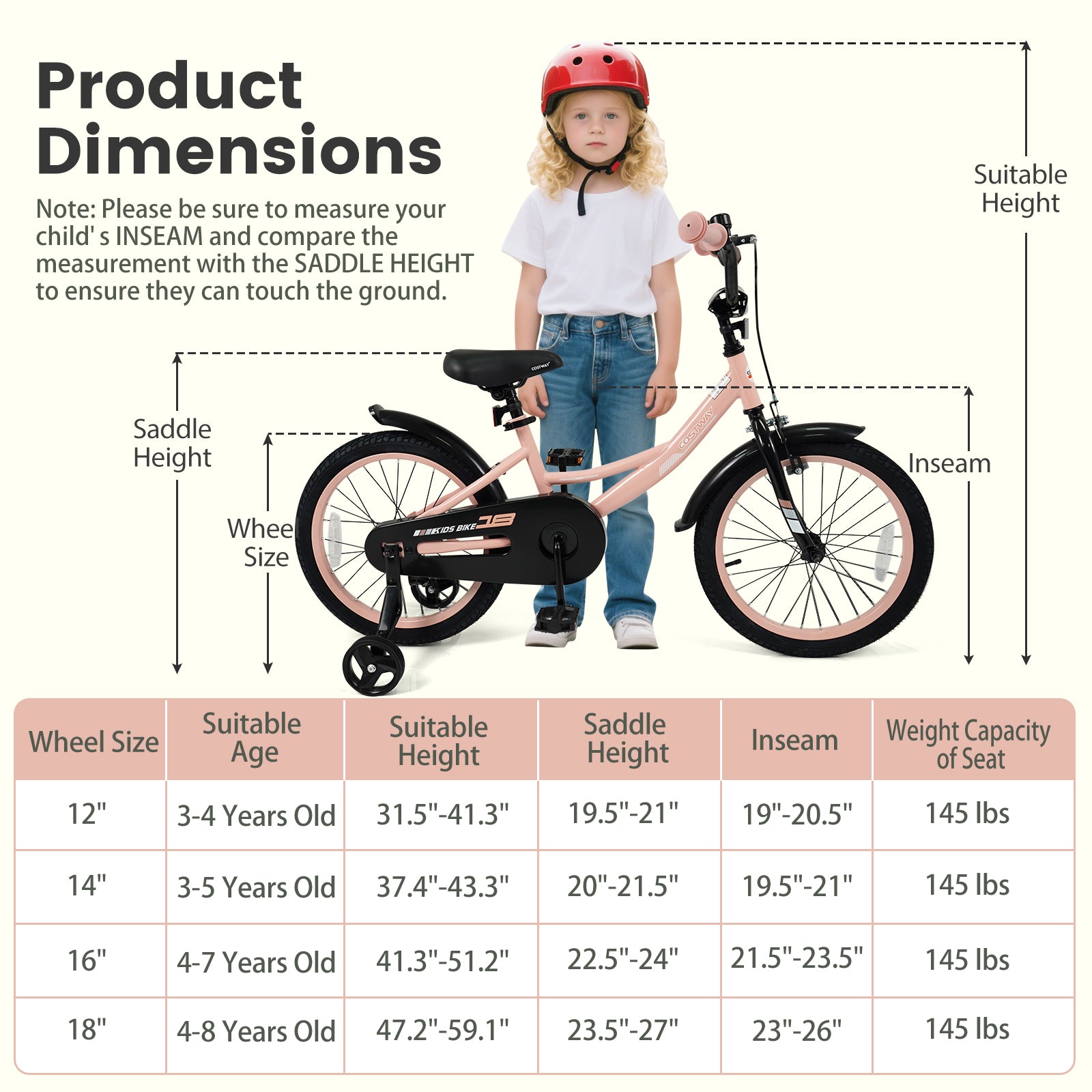18 Inch Kids Bike Adjustable with Removable Training Wheels Pink for 3-8 Years Old, Pink Kids Bike at Gallery Canada