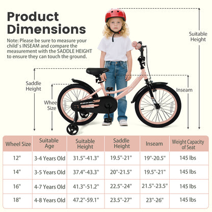 18 Inch Kids Bike Adjustable with Removable Training Wheels Pink for 3-8 Years Old, Pink Kids Bike at Gallery Canada