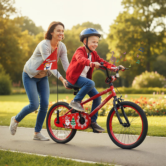18 Inch Kids Bike Adjustable with Christmas Music & Flag for Aged 4-8 Years Old, Red
