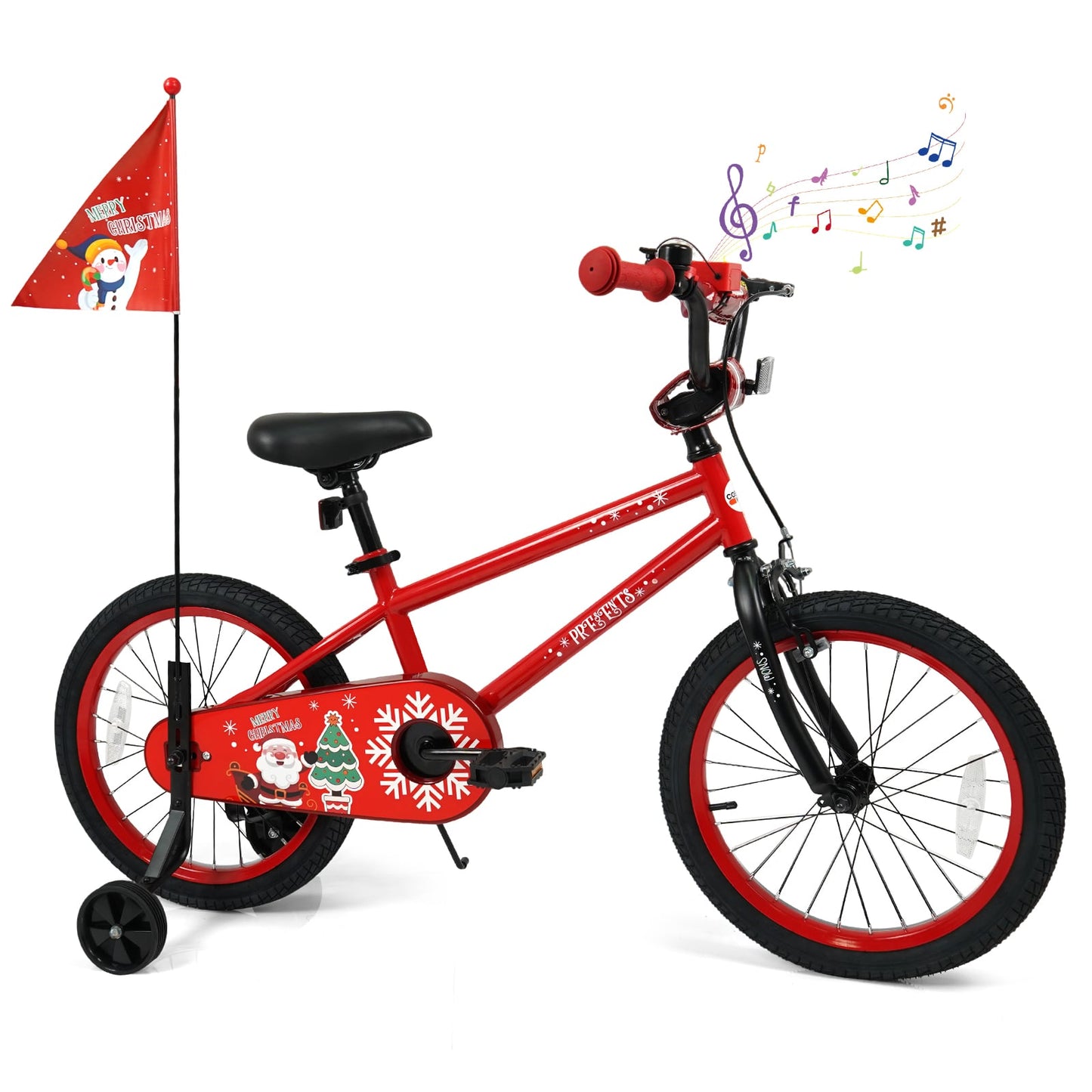 18 Inch Kids Bike Adjustable with Christmas Music & Flag for Aged 4-8 Years Old, Red