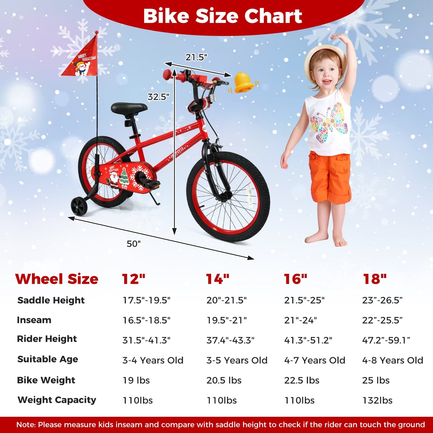 18 Inch Kids Bike Adjustable with Christmas Music & Flag for Aged 4-8 Years Old, Red