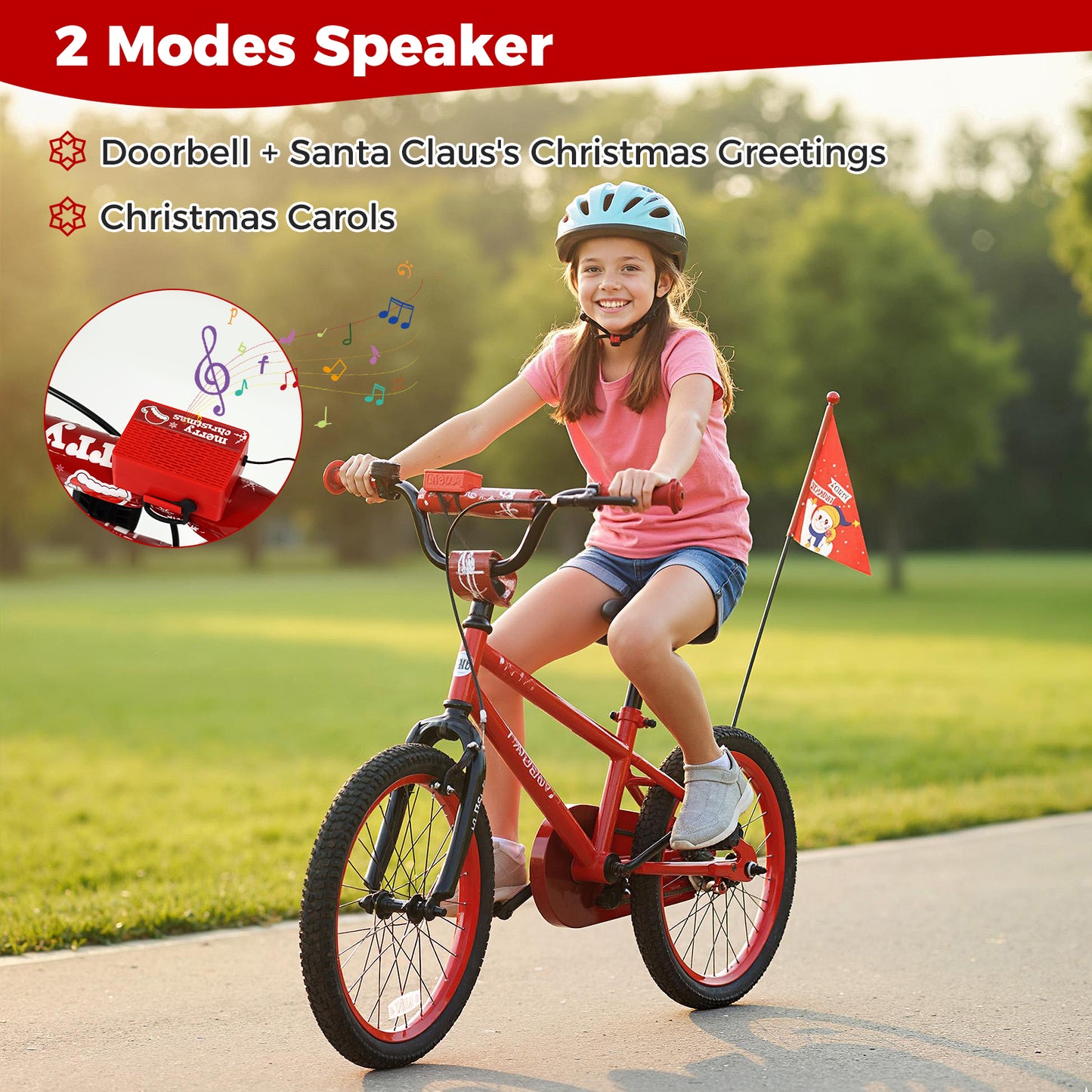 18 Inch Kids Bike Adjustable with Christmas Music & Flag for Aged 4-8 Years Old, Red