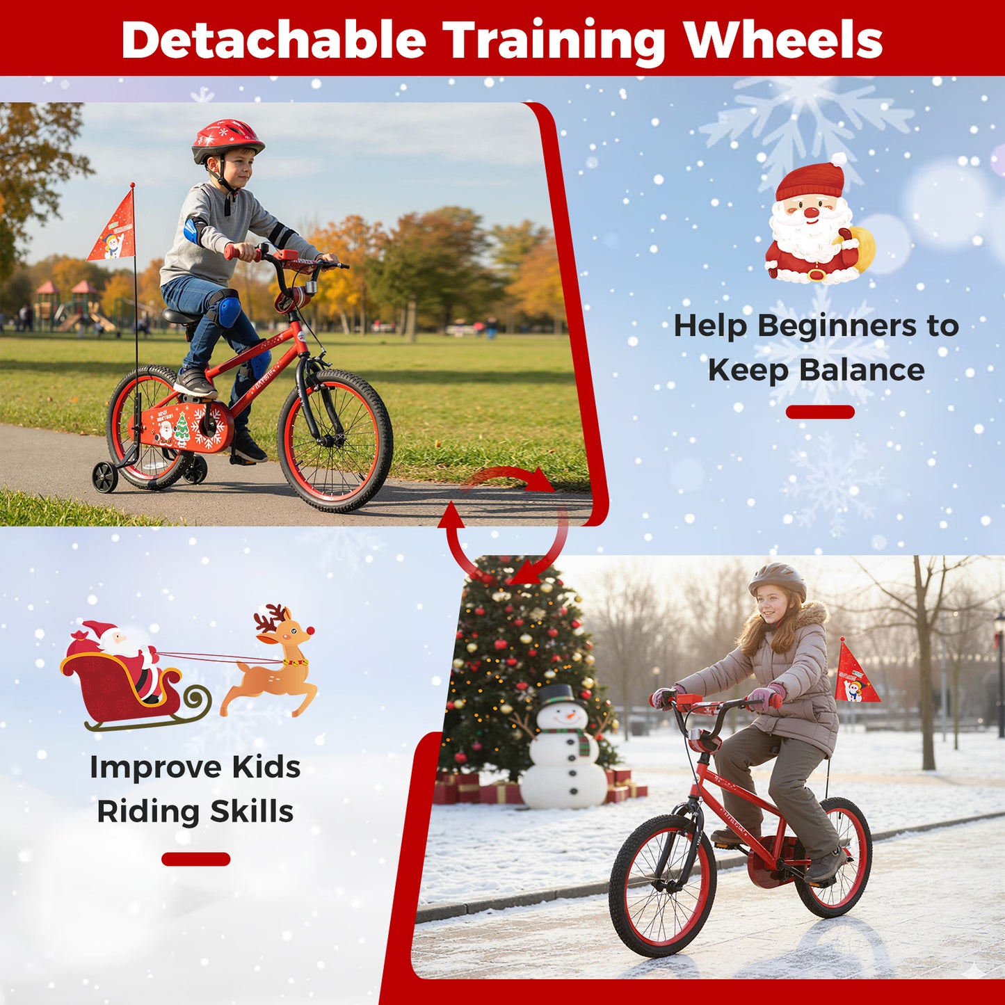 18 Inch Kids Bike Adjustable with Christmas Music & Flag for Aged 4-8 Years Old, Red