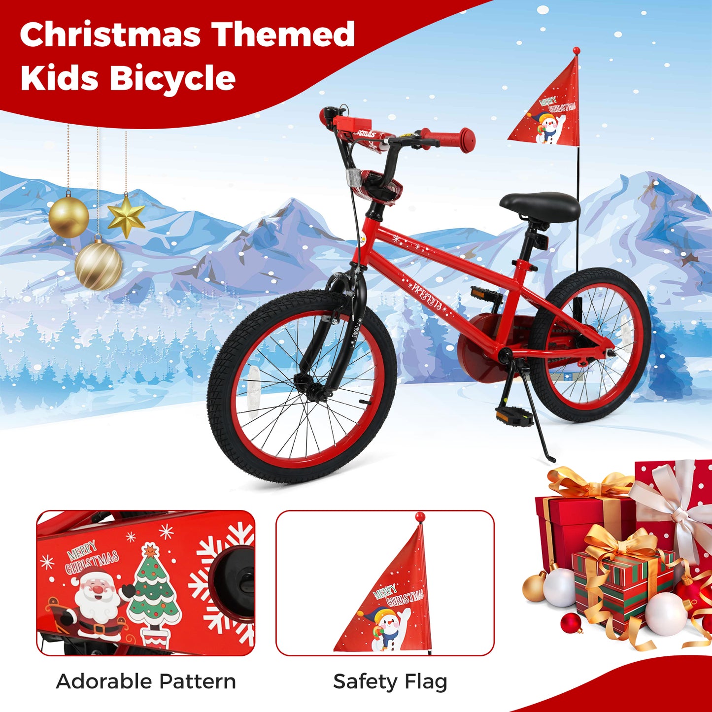 18 Inch Kids Bike Adjustable with Christmas Music & Flag for Aged 4-8 Years Old, Red