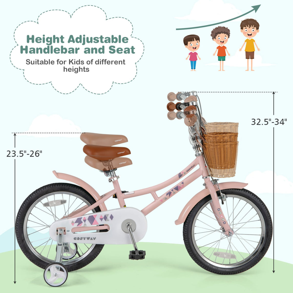 18 Inch Kids Retro Bike, Adjustable Height, Basket, Pink Kids Bike at Gallery Canada