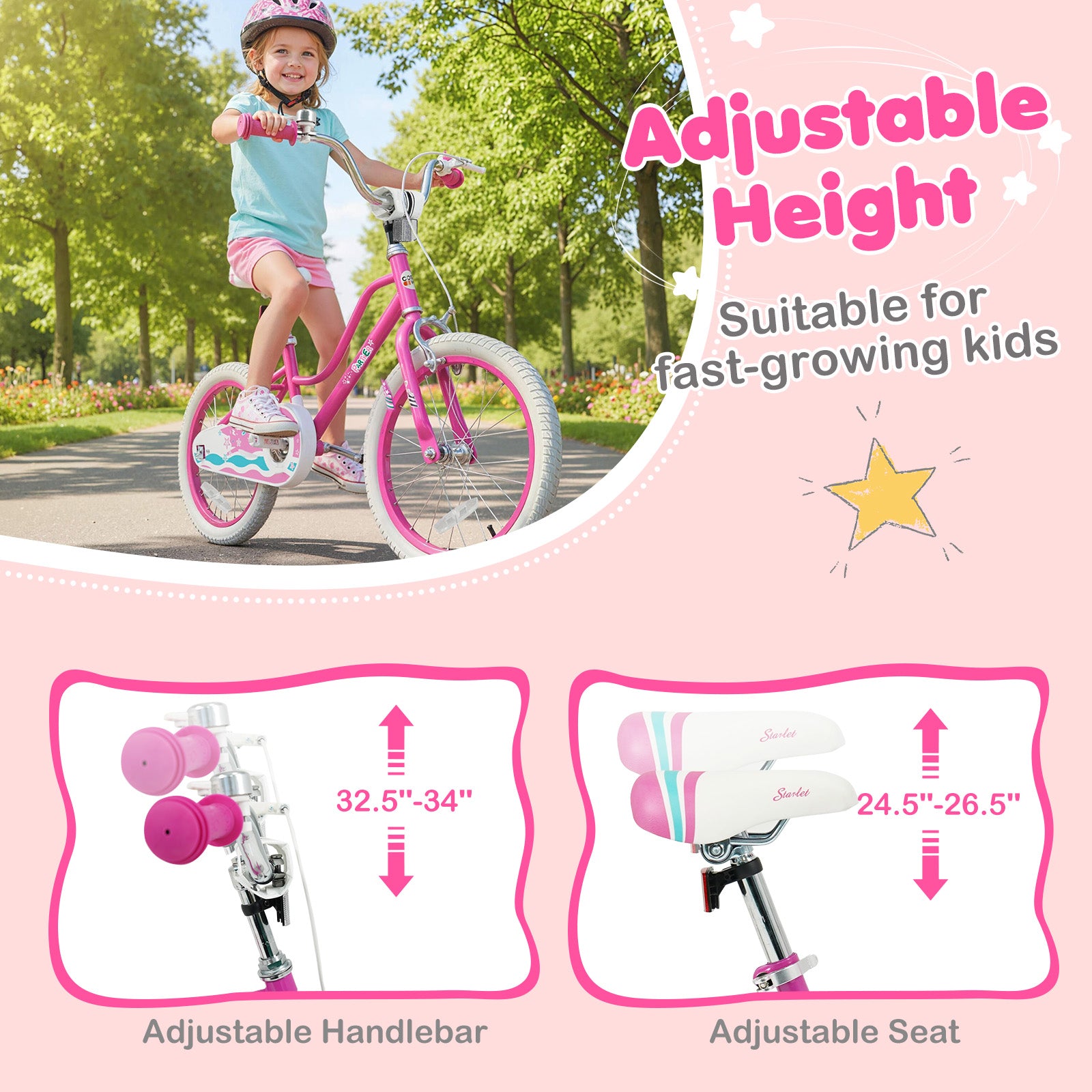 18 Inch Kids Bike for Aged 3-8 Years Old with Adjustable Handlebar Pink- Starlight Wave, Pink Kids Bike at Gallery Canada