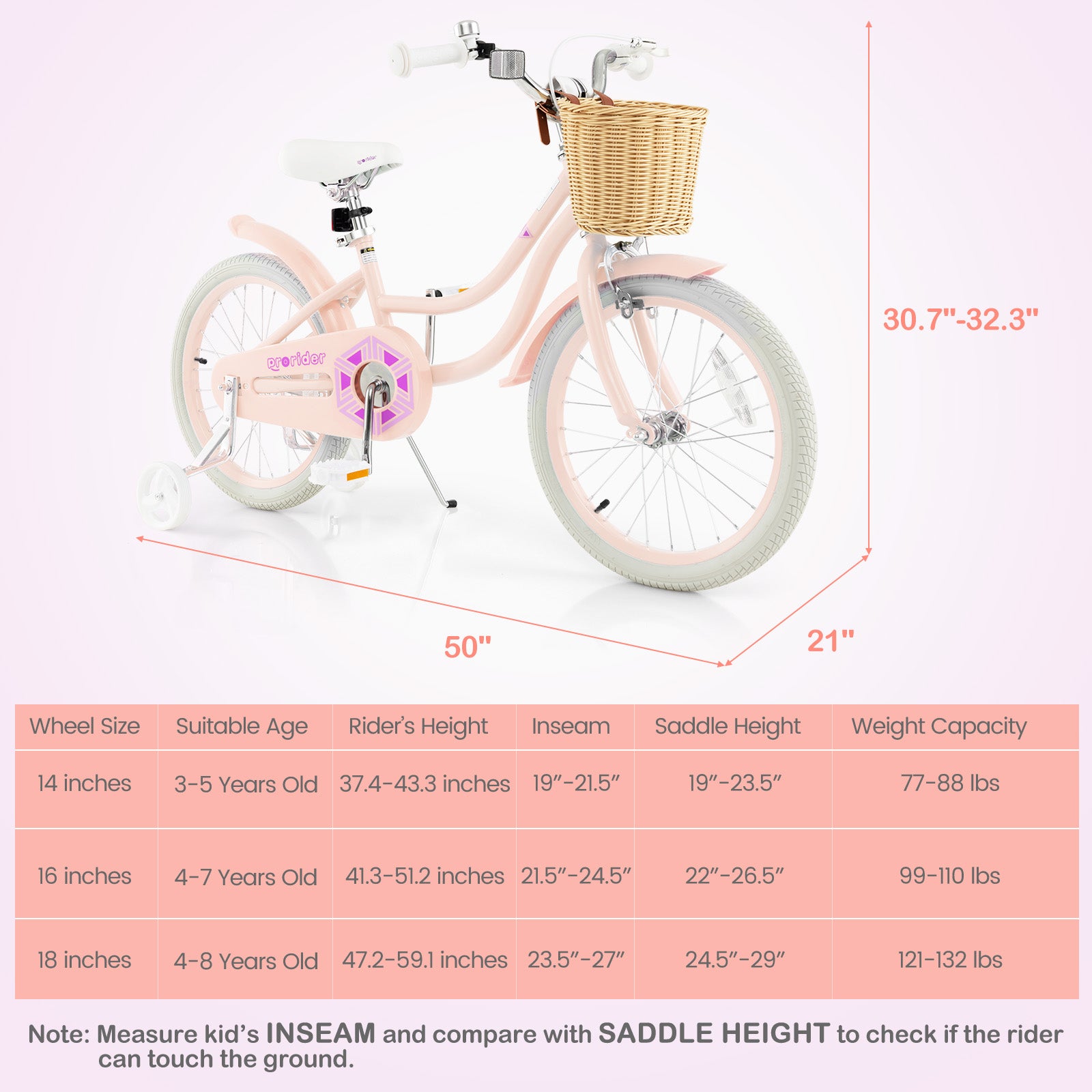18-Inch Kids Bike with Training Wheels and Adjustable Handlebar Seat, Pink Kids Bike at Gallery Canada