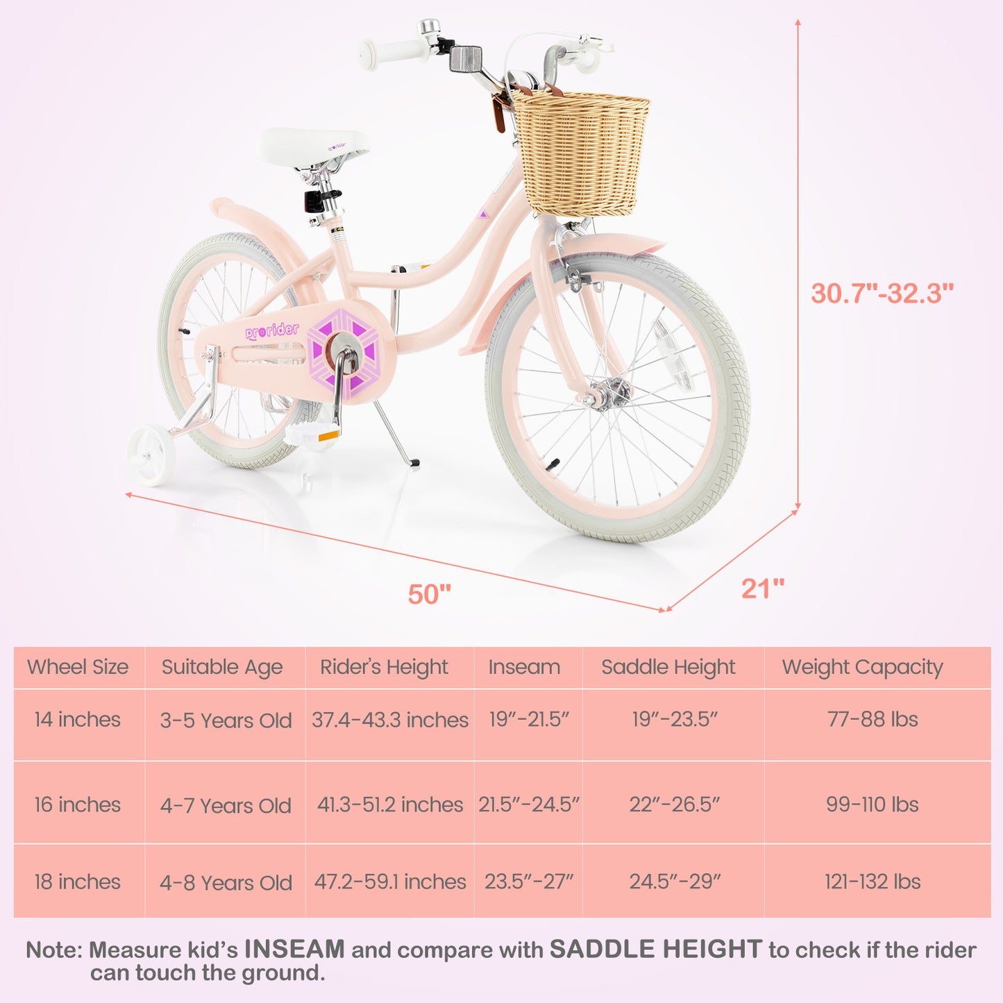 18-Inch Kids Bike with Training Wheels and Adjustable Handlebar Seat, Pink Kids Bike at Gallery Canada