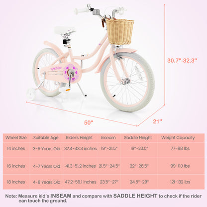 18-Inch Kids Bike with Training Wheels and Adjustable Handlebar Seat, Pink Kids Bike at Gallery Canada