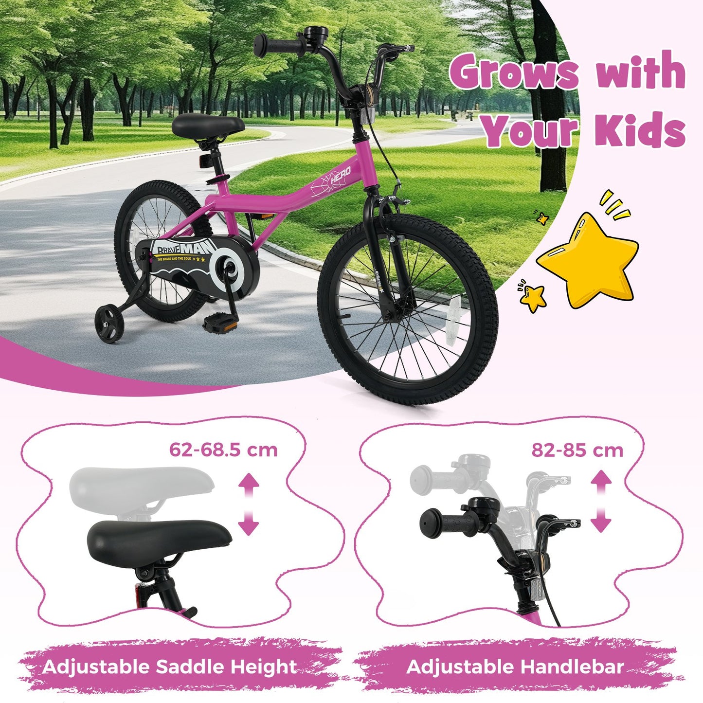 18-Inch Kids Bike with Removable Training Wheels Pink-Brave Hero Scooters at Gallery Canada