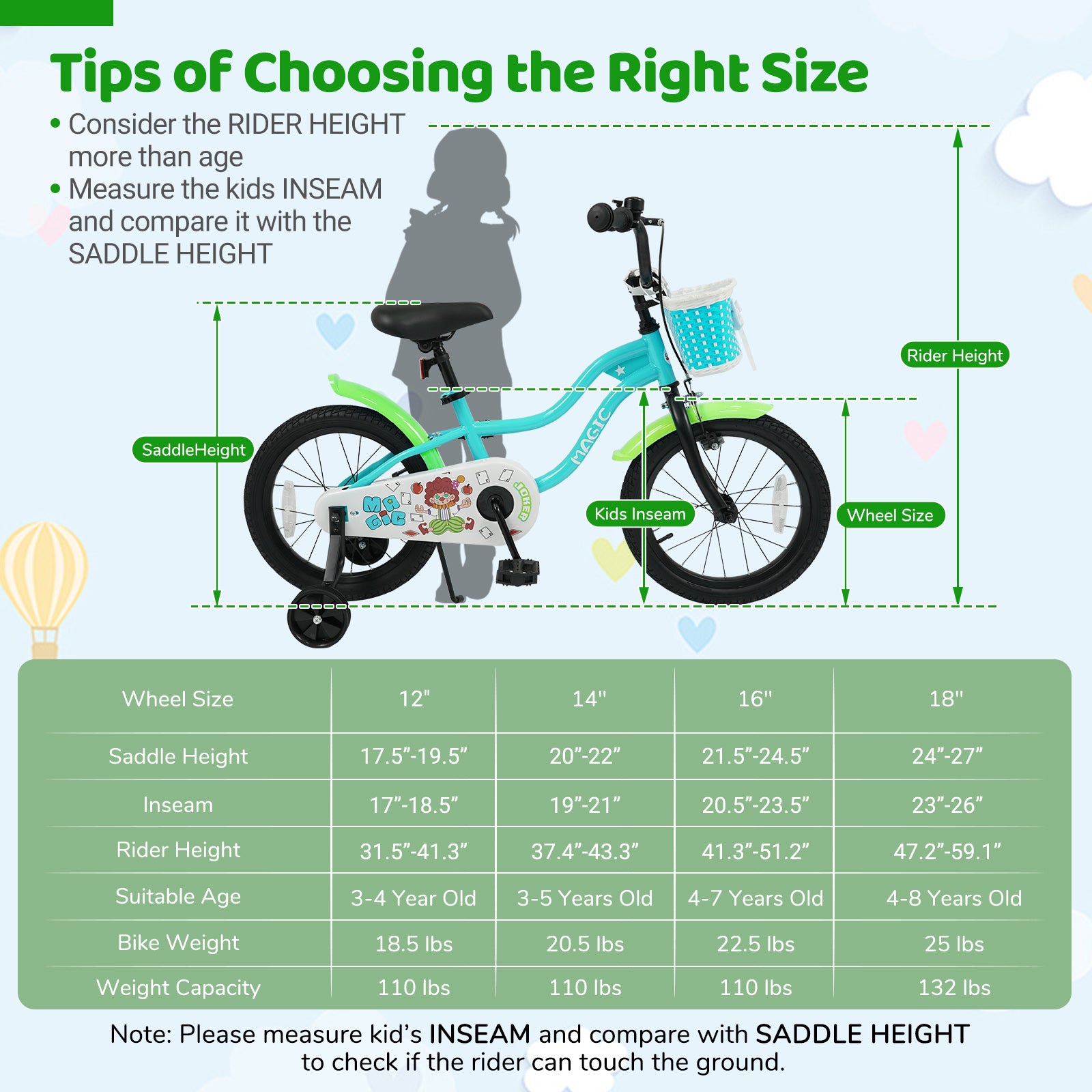 18 Inch Kids Bike with Training Wheels and Basket Green Color Kids Bike at Gallery Canada