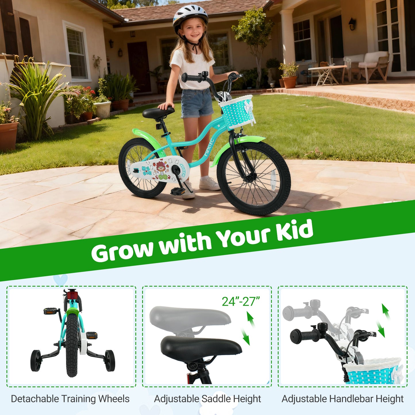 18 Inch Kids Bike with Training Wheels and Basket Green Color Kids Bike at Gallery Canada