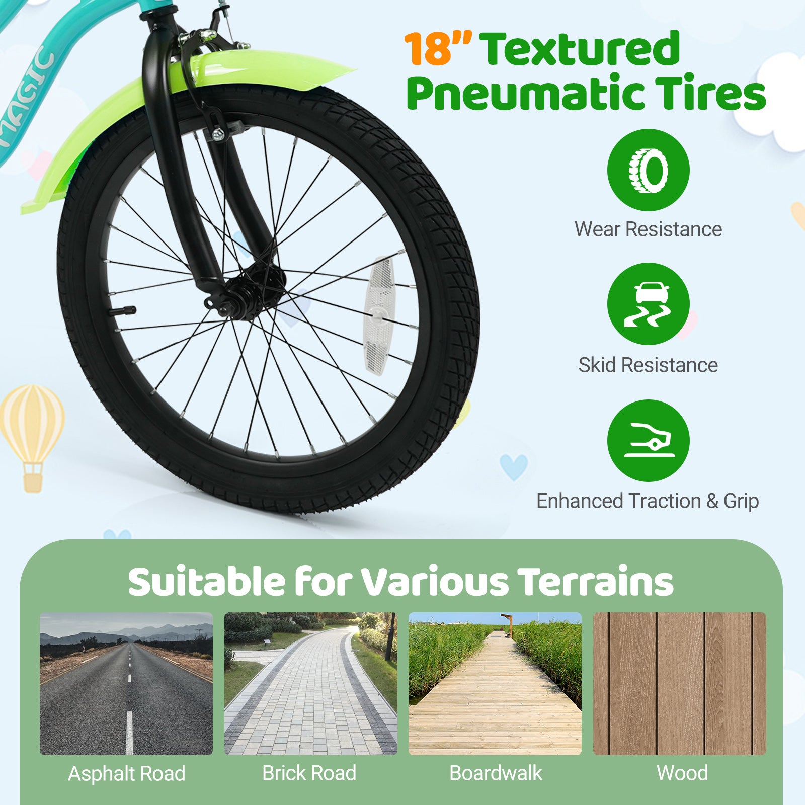 18 Inch Kids Bike with Training Wheels and Basket Green Color Kids Bike at Gallery Canada