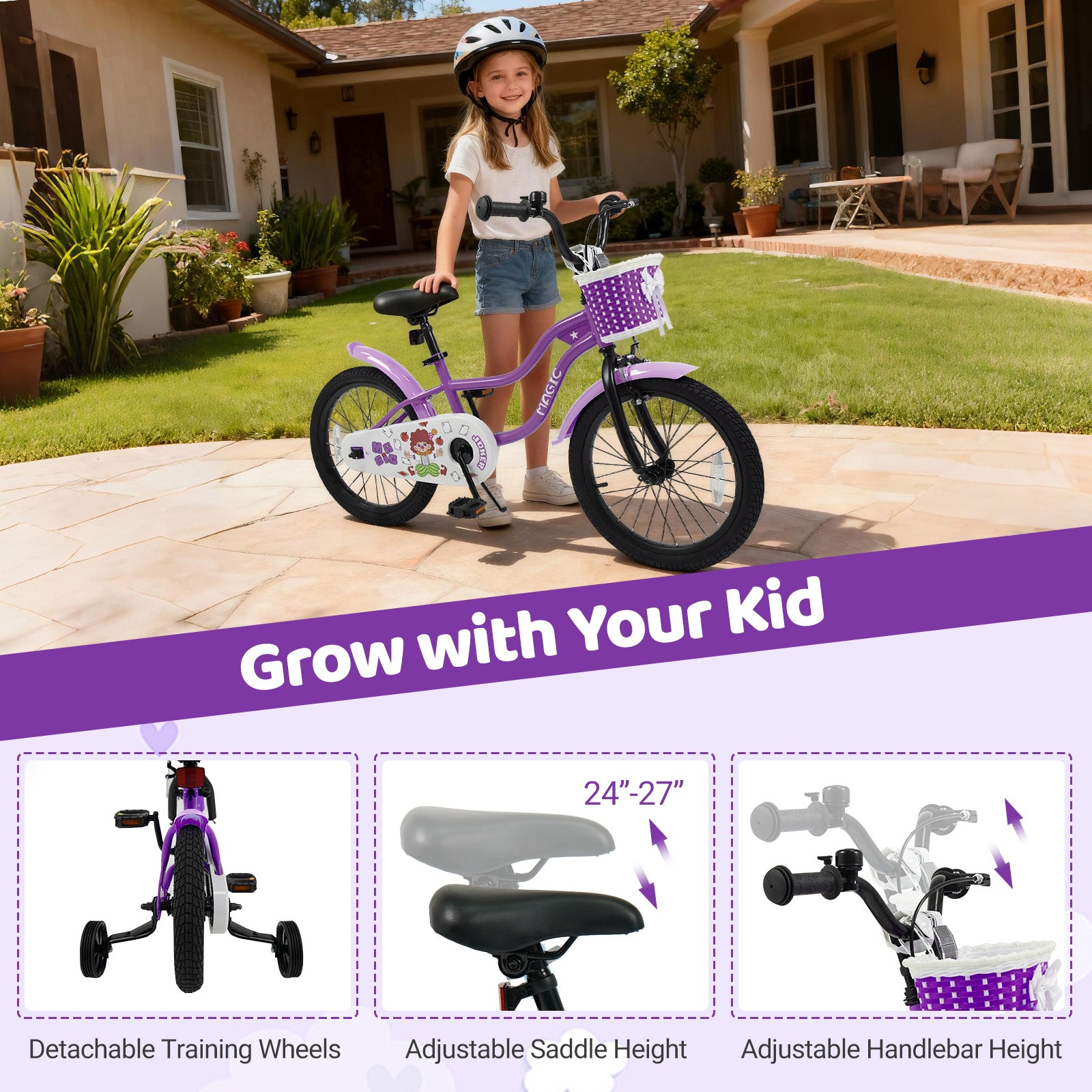 18 Inch Kids Bike with Training Wheels for Aged 3-8 Years Old - Magic Purple, Purple Kids Bike at Gallery Canada