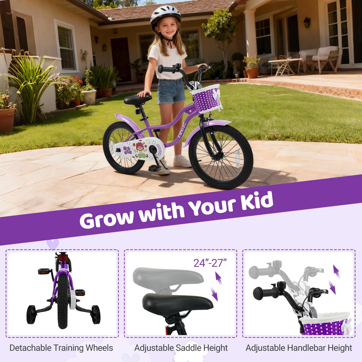 18 Inch Kids Bike with Training Wheels for Aged 3-8 Years Old - Magic Purple, Purple Kids Bike at Gallery Canada