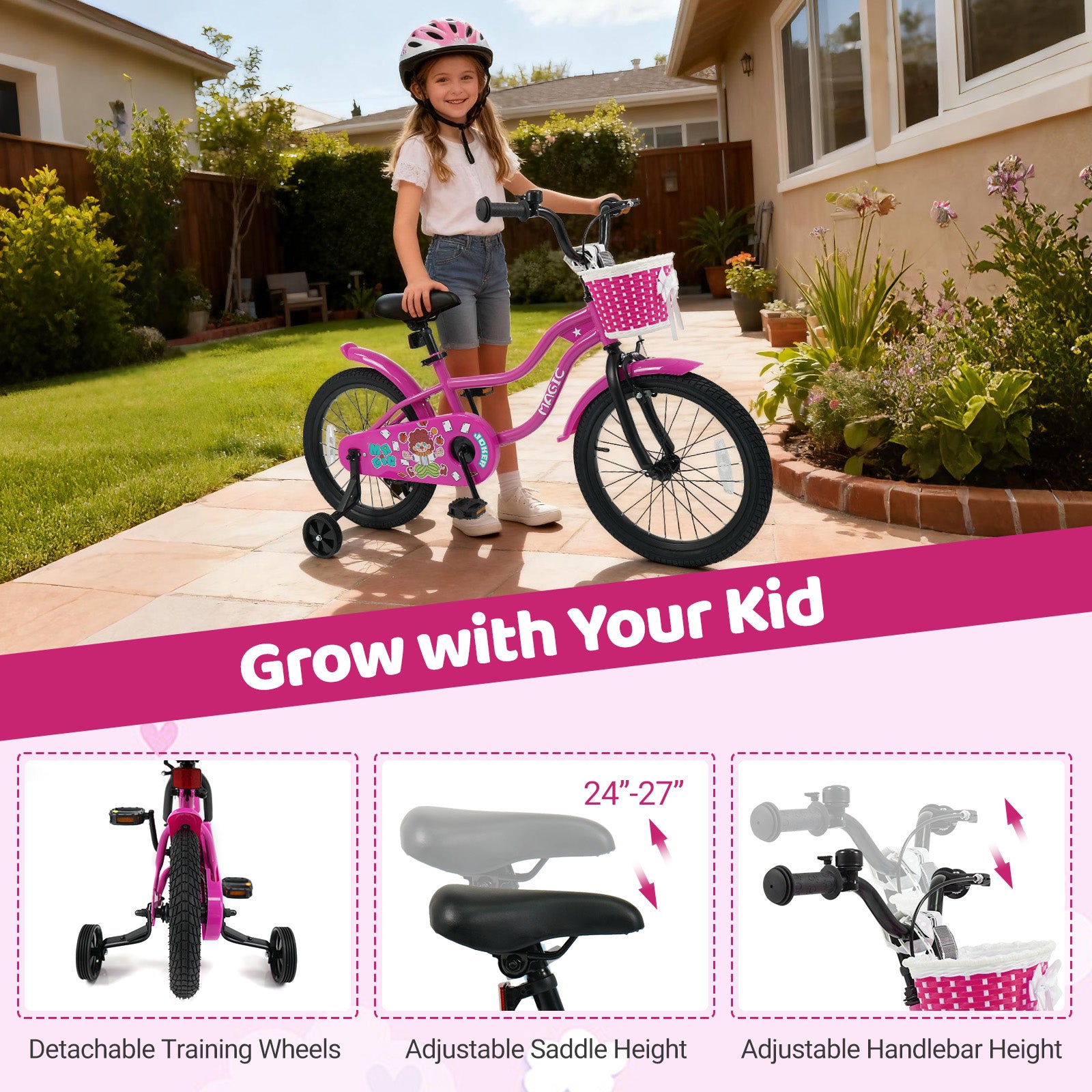 18 Inch Kids Bike with Training Wheels for Aged 3-8 Years Old - Magic Rose, Rose Red Kids Bike at Gallery Canada