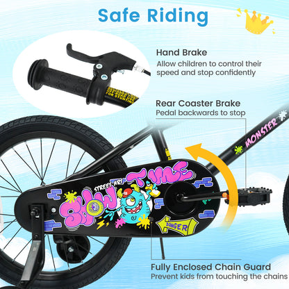 18 Inch Kids Bike with Training Wheels for Ages 4-8 Years Old Black- Street Art Time, Black Kids Bike at Gallery Canada