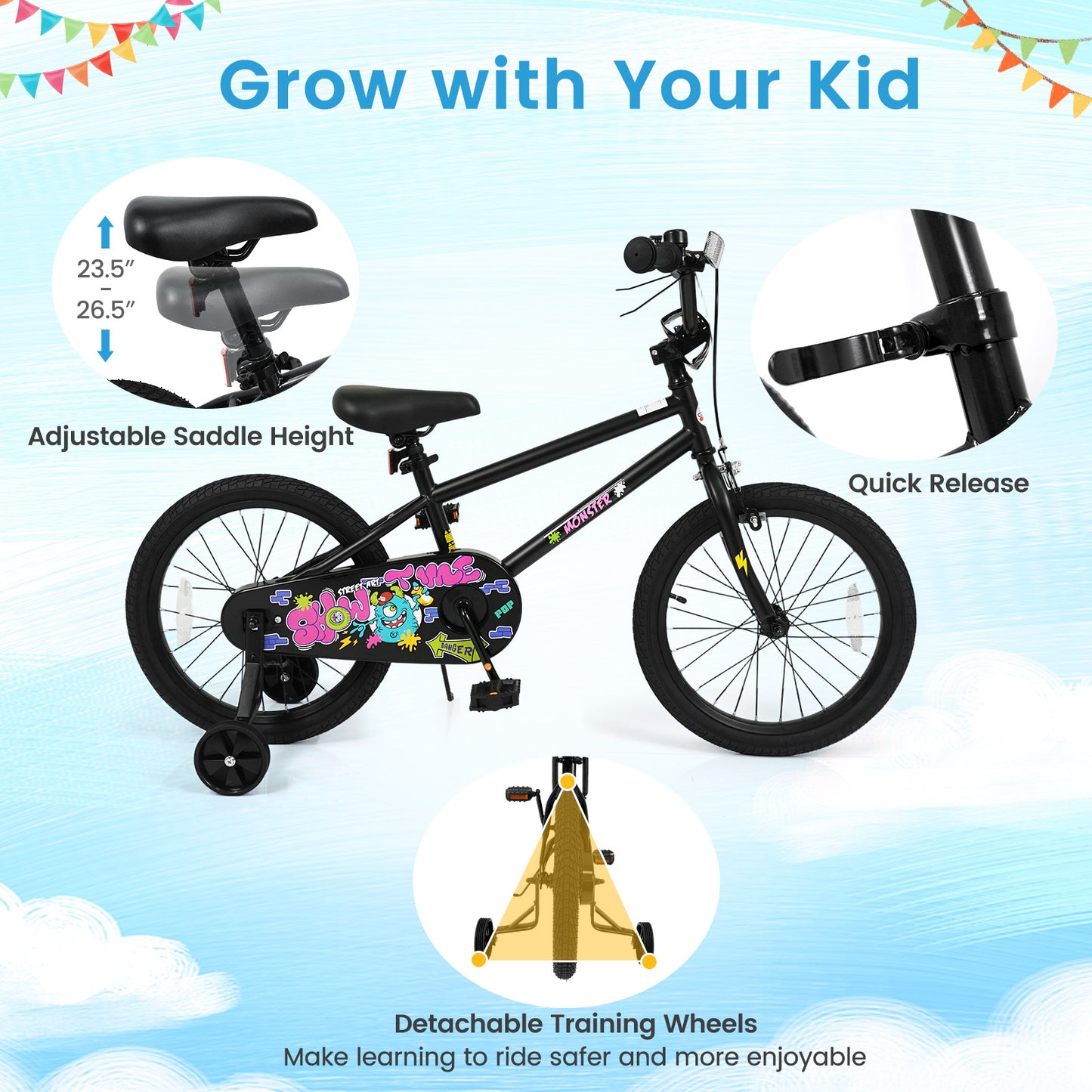 18 Inch Kids Bike with Training Wheels for Ages 4-8 Years Old Black- Street Art Time, Black Kids Bike at Gallery Canada