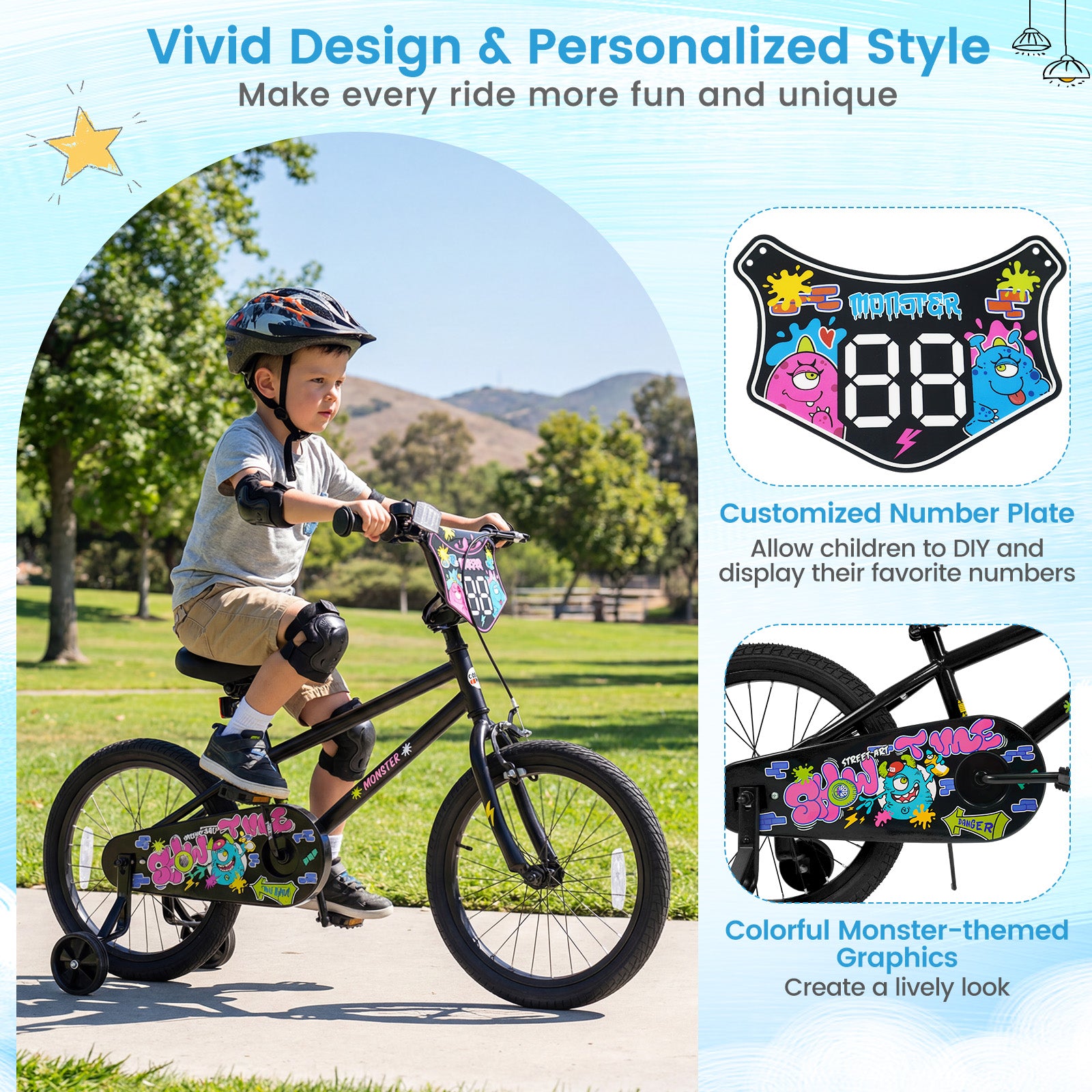 18 Inch Kids Bike with Training Wheels for Ages 4-8 Years Old Black- Street Art Time, Black Kids Bike at Gallery Canada
