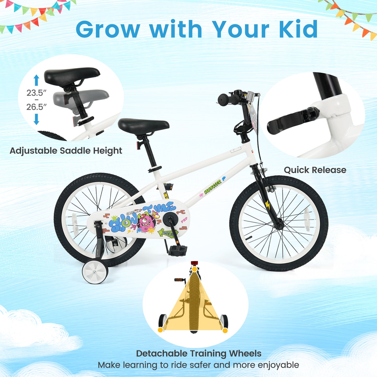 18 Inch Kids Bike with Training Wheels for Ages 4-8 Years Old White- Street Art Time, White Kids Bike at Gallery Canada