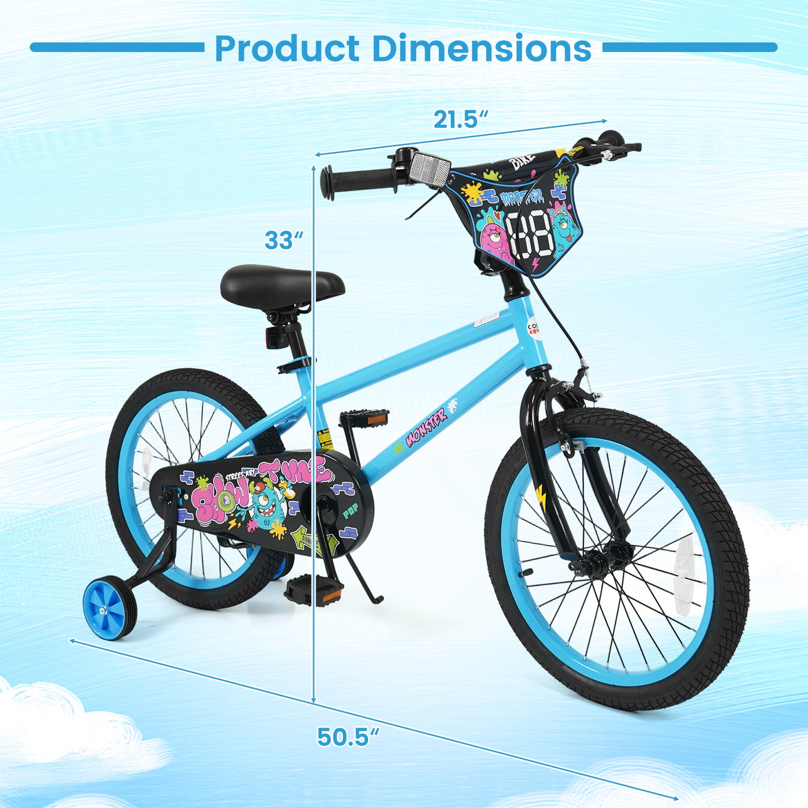 18 Inch Kids Bike with Training Wheels for Ages 4-8 Years Old Blue- Street Art Time, Blue Kids Bike at Gallery Canada