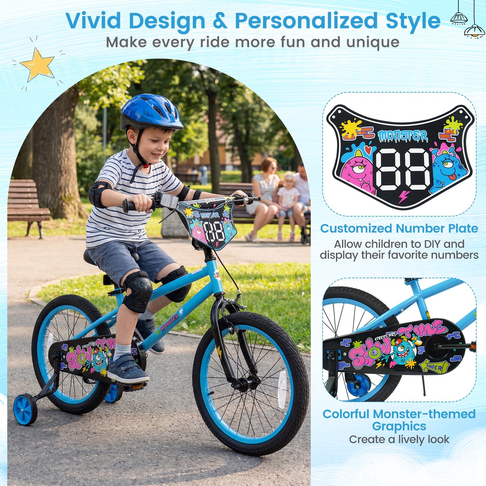 18 Inch Kids Bike with Training Wheels for Ages 4-8 Years Old Blue- Street Art Time, Blue Kids Bike at Gallery Canada