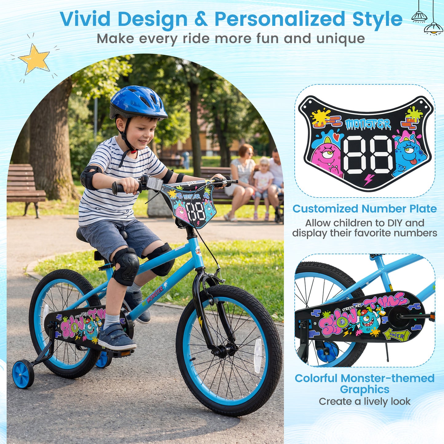 18 Inch Kids Bike with Training Wheels for Ages 4-8 Years Old Blue- Street Art Time, Blue Kids Bike at Gallery Canada