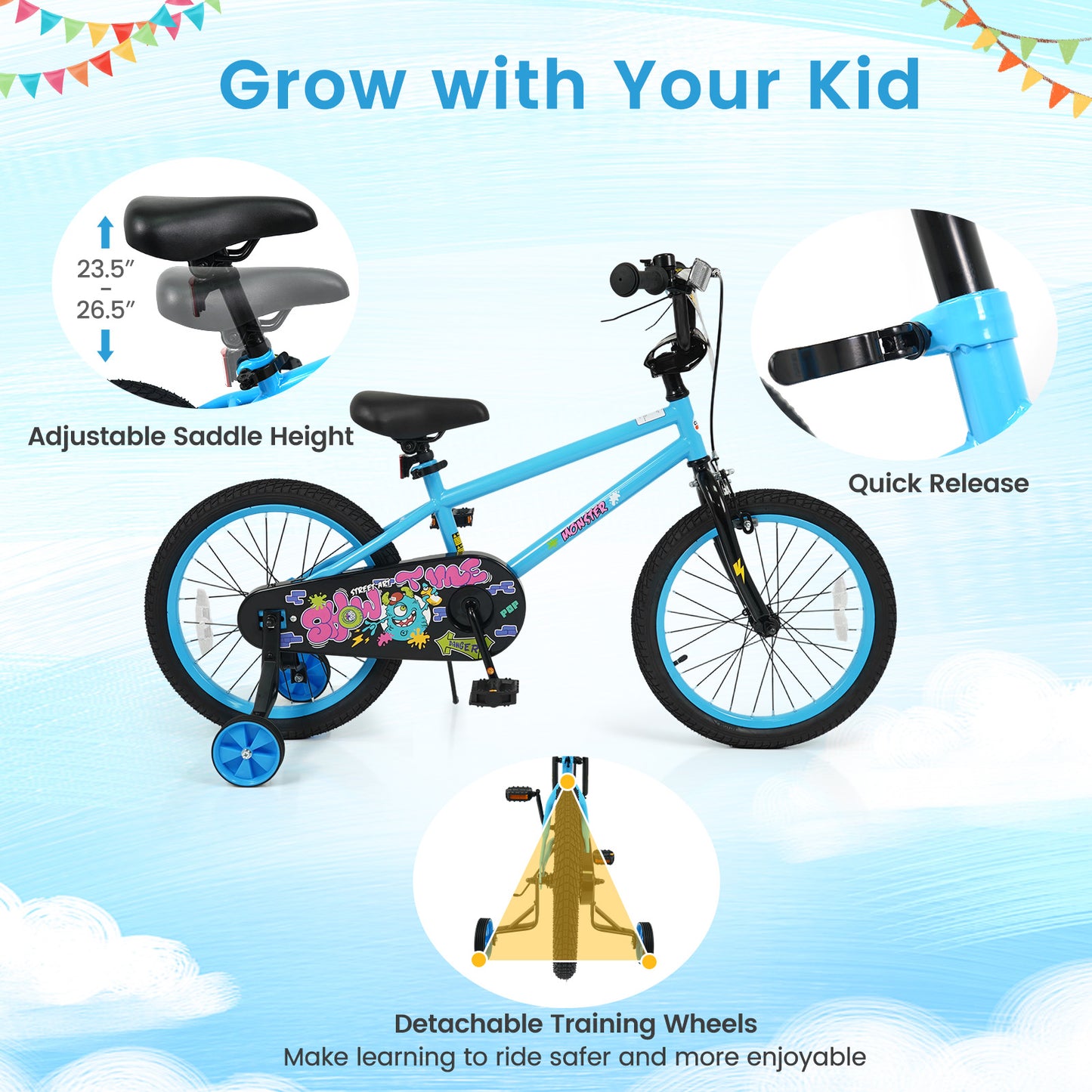 18 Inch Kids Bike with Training Wheels for Ages 4-8 Years Old Blue- Street Art Time, Blue Kids Bike at Gallery Canada