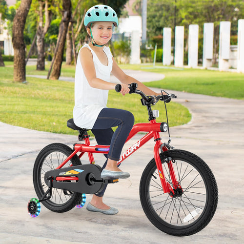 18 Inch Kids Bike, LED Lights, Adjustable Carbon Steel, 4-8 Years, Red