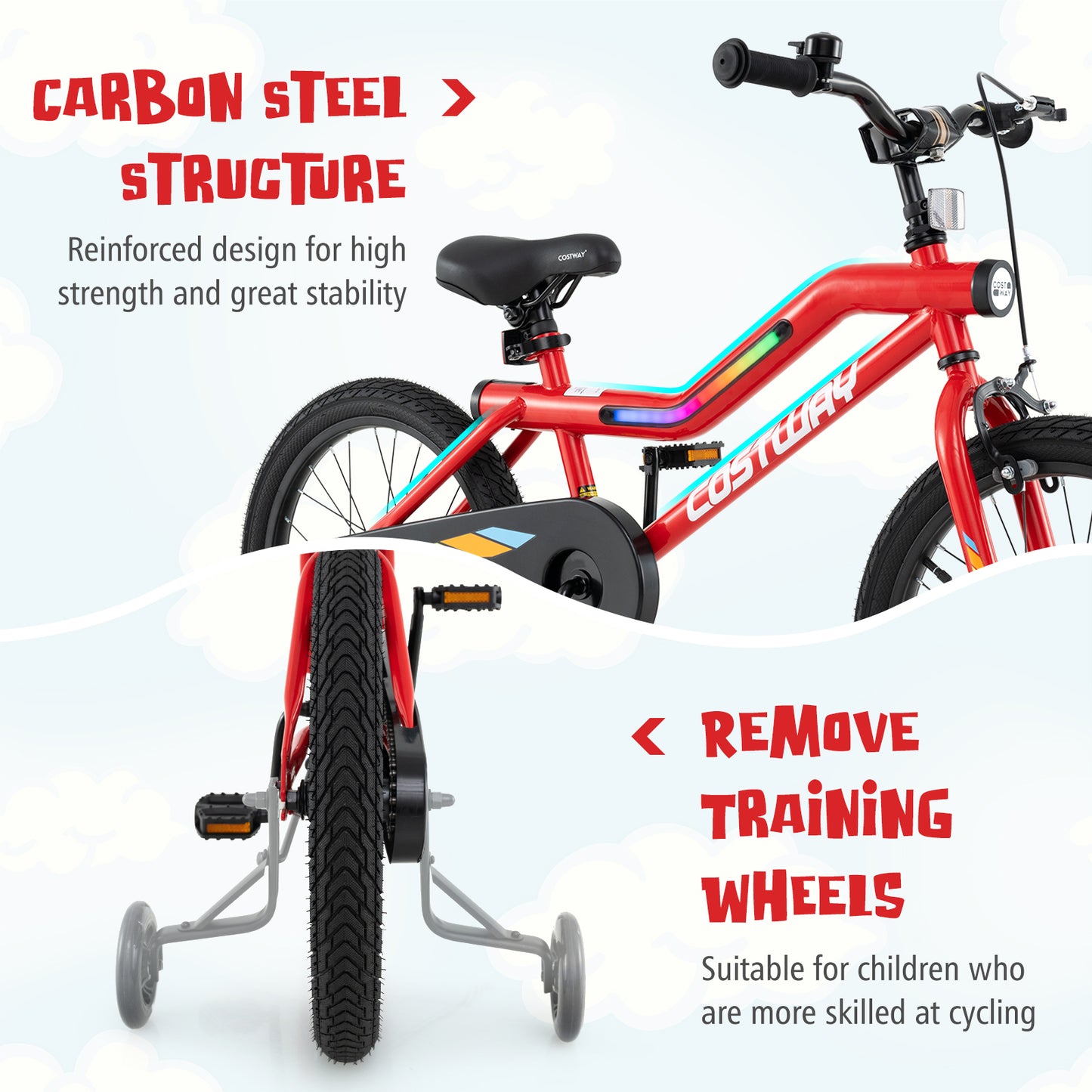 18 Inch Kids Bike, LED Lights, Adjustable Carbon Steel, 4-8 Years, Red Kids Bike at Gallery Canada
