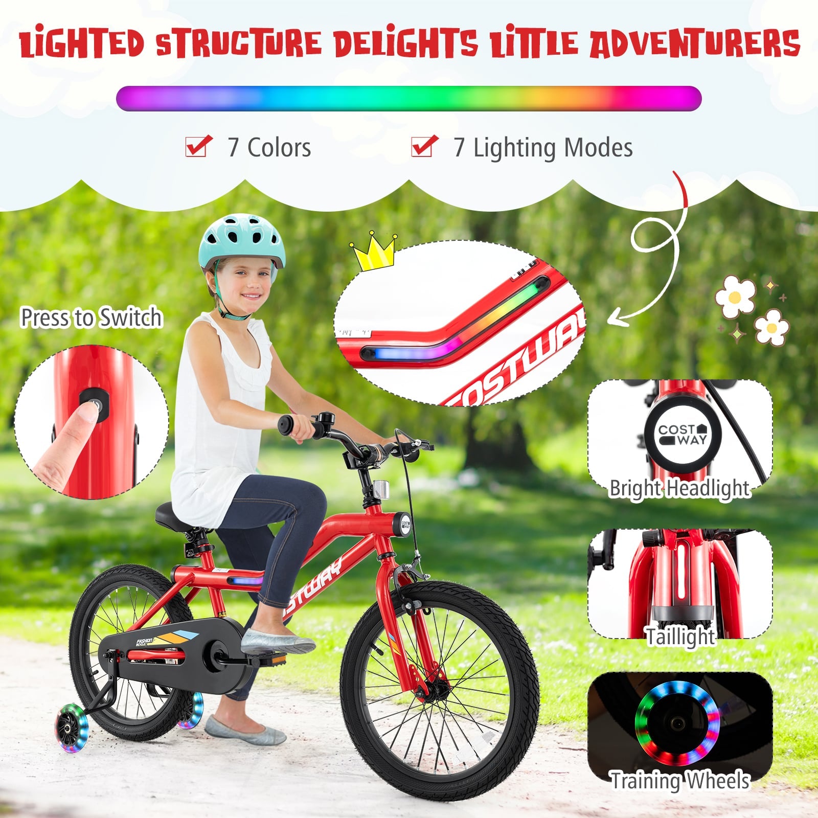 18 Inch Kids Bike, LED Lights, Adjustable Carbon Steel, 4-8 Years, Red Kids Bike at Gallery Canada