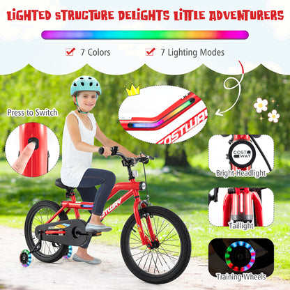 18 Inch Kids Bike, LED Lights, Adjustable Carbon Steel, 4-8 Years, Red Kids Bike at Gallery Canada