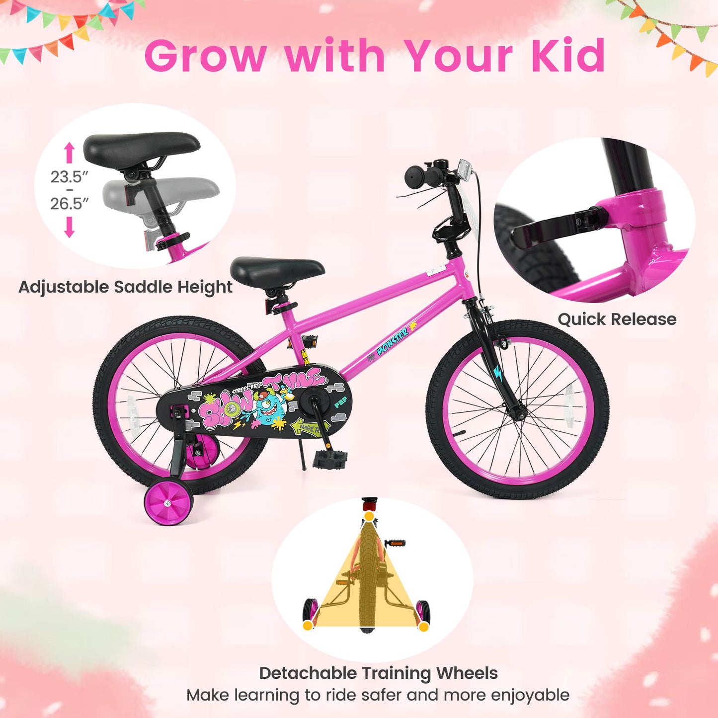 18 Inch Kids Bike With Training Wheels, Ages 4-8 Years, Pink Kids Bike at Gallery Canada