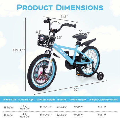 Vélo pour enfants de 18 pouces, guidon et selle réglables, 4-8 ans, bleu