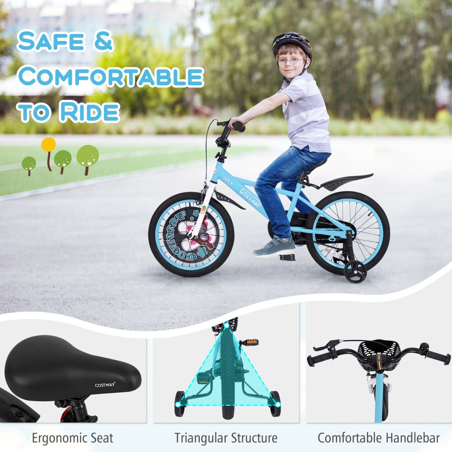 Vélo pour enfants de 18 pouces, guidon et selle réglables, 4-8 ans, bleu