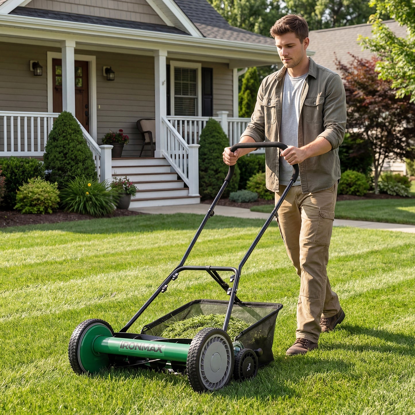18 Inch Push Reel Lawn Mower, Adjustable, Removable Grass Catcher, Green Lawn Care Tools at Gallery Canada