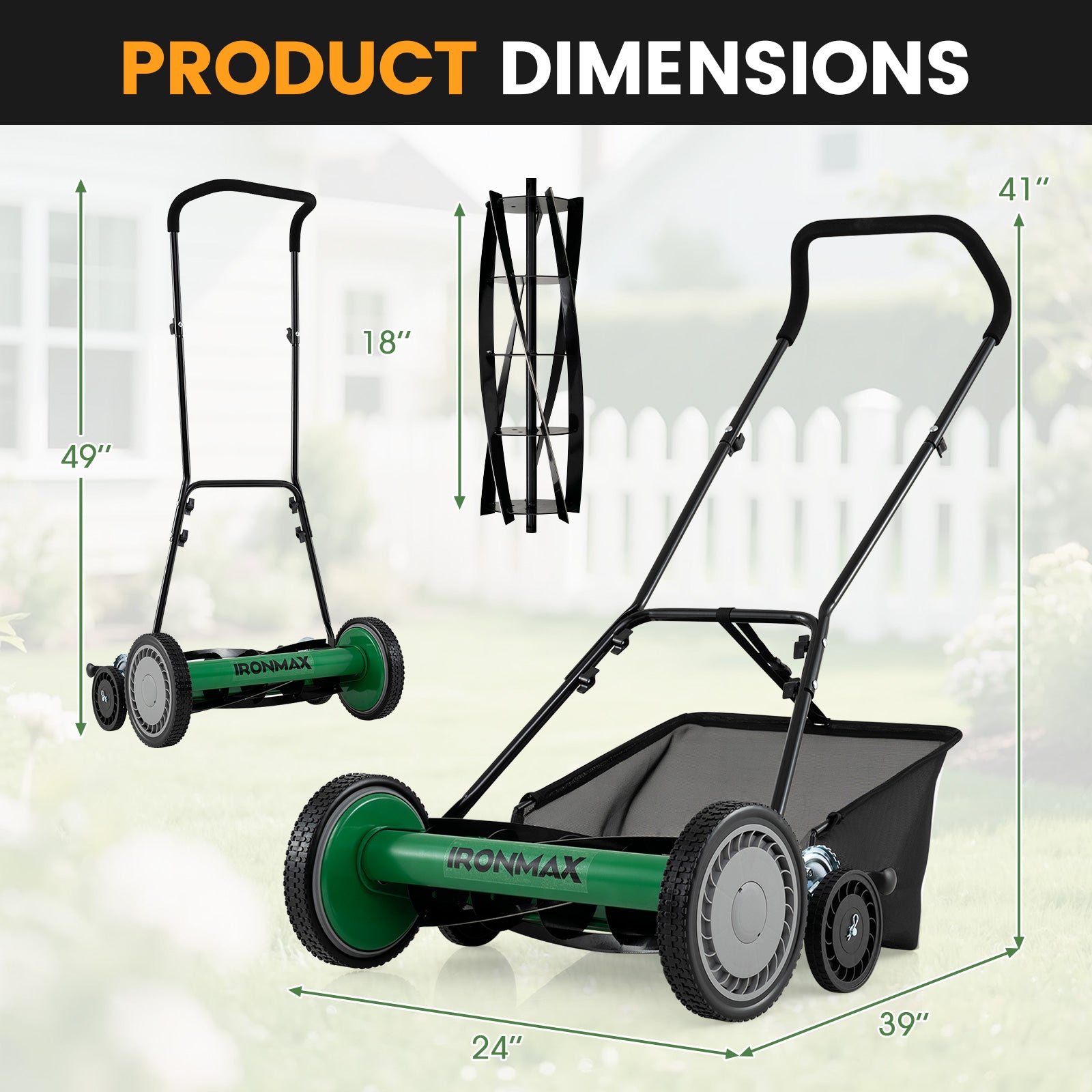 18 Inch Push Reel Lawn Mower, Adjustable, Removable Grass Catcher, Green Lawn Care Tools at Gallery Canada