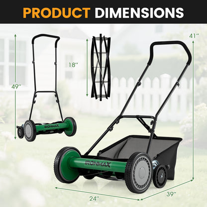 18 Inch Push Reel Lawn Mower, Adjustable, Removable Grass Catcher, Green Lawn Care Tools at Gallery Canada
