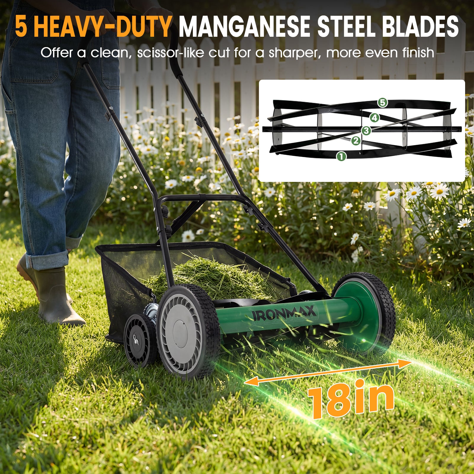 18 Inch Push Reel Lawn Mower, Adjustable, Removable Grass Catcher, Green Lawn Care Tools at Gallery Canada