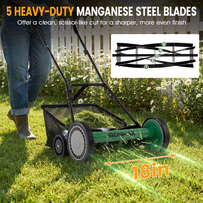 18 Inch Push Reel Lawn Mower, Adjustable, Removable Grass Catcher, Green Lawn Care Tools at Gallery Canada