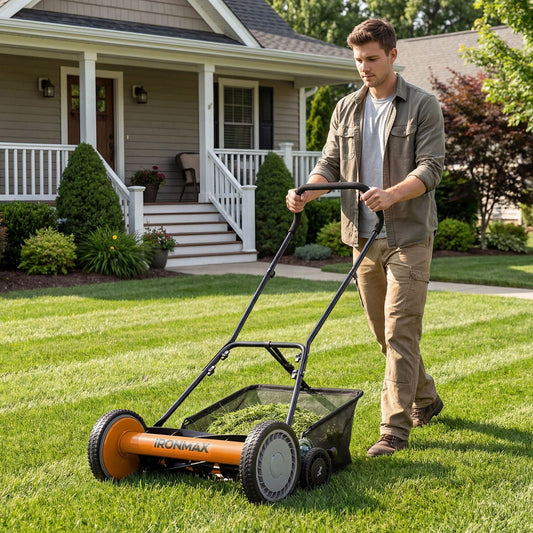 18 Inch Push Reel Mower, 4-Position Adjustable, Removable Grass Catcher, Orange Lawn Care Tools Orange at Gallery Canada