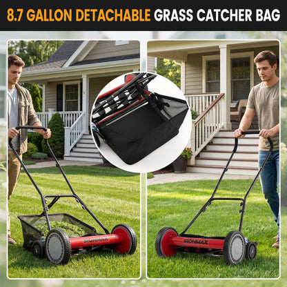 18 Inch Push Reel Mower, 4-Position Adjustable, Removable Grass Catcher, Red Lawn Care Tools at Gallery Canada