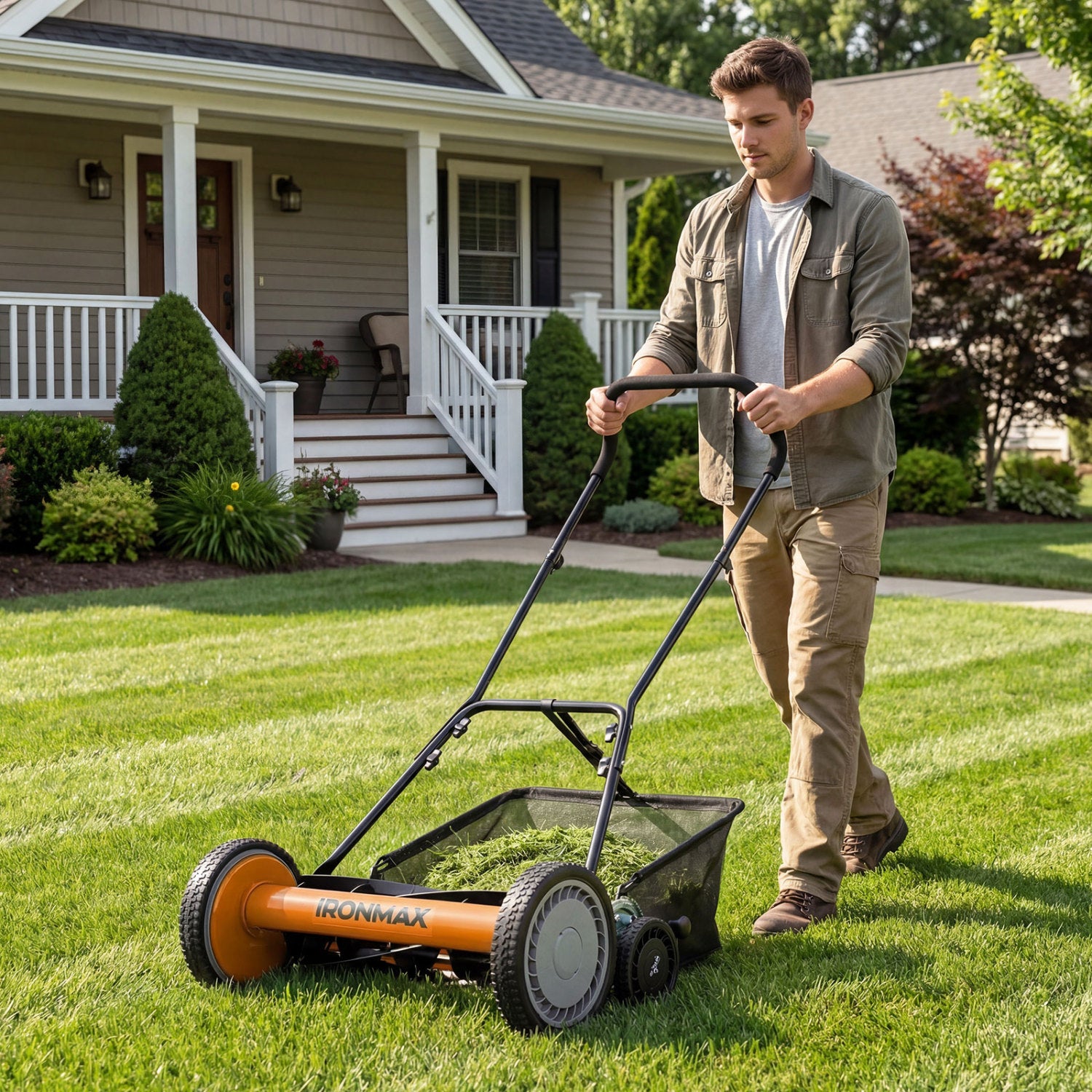 18 Inch Push Reel Mower, 4-Position Adjustable, Removable Grass Catcher, Orange Lawn Care Tools at Gallery Canada