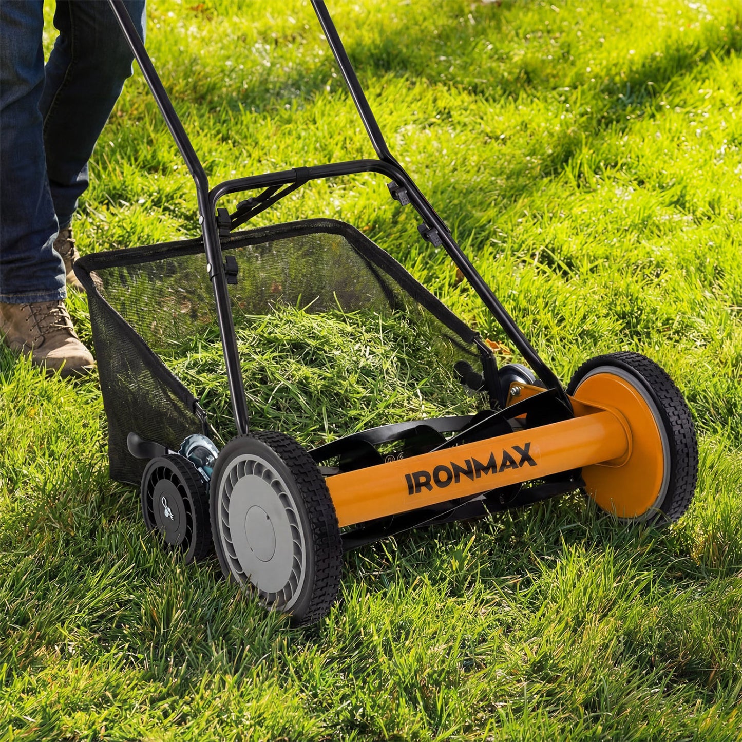 18 Inch Push Reel Mower, 4-Position Adjustable, Removable Grass Catcher, Orange Lawn Care Tools at Gallery Canada
